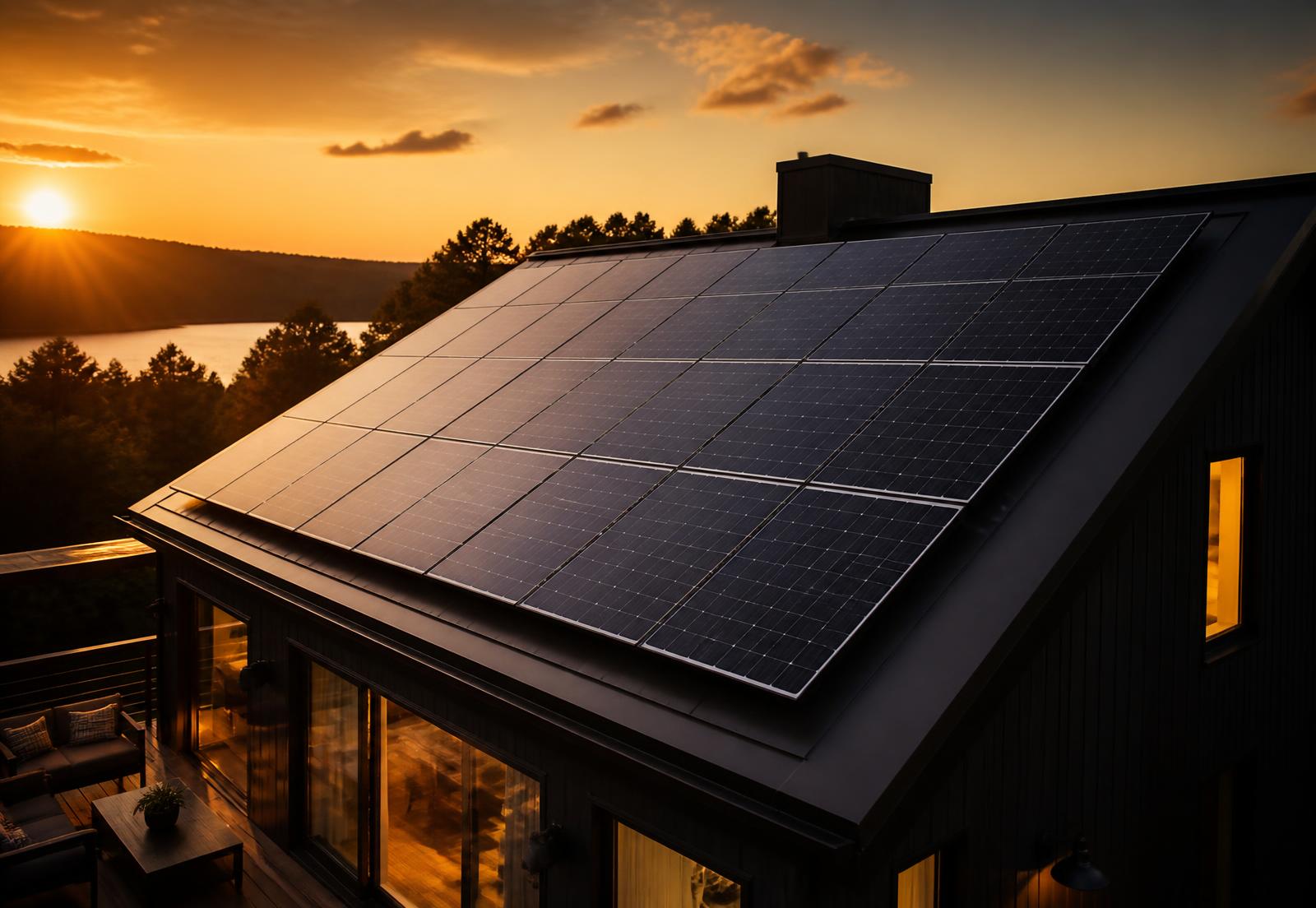 Painéis solares instalados em telhado ao pôr do sol